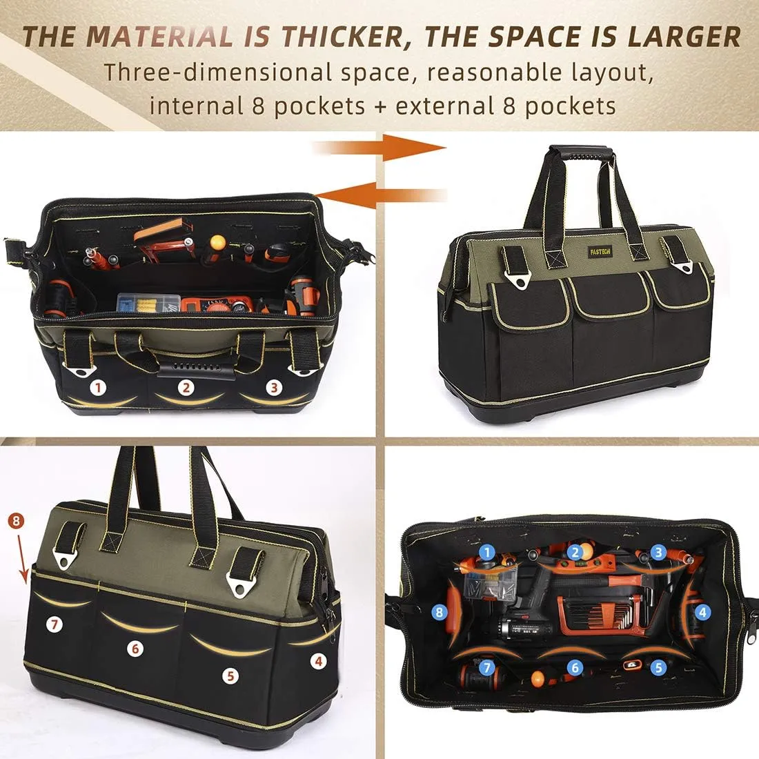 15-inch Wide Mouth Tool Bag with Water Proof Molded BaseWide Mouth Tool Tote Bag,Waterproof Tool Organizer Bag for Men with Adjustable Shoulder Strap (15 inch)