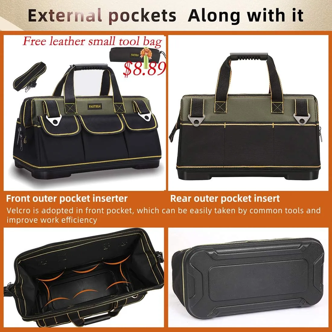 15-inch Wide Mouth Tool Bag with Water Proof Molded BaseWide Mouth Tool Tote Bag,Waterproof Tool Organizer Bag for Men with Adjustable Shoulder Strap (15 inch)
