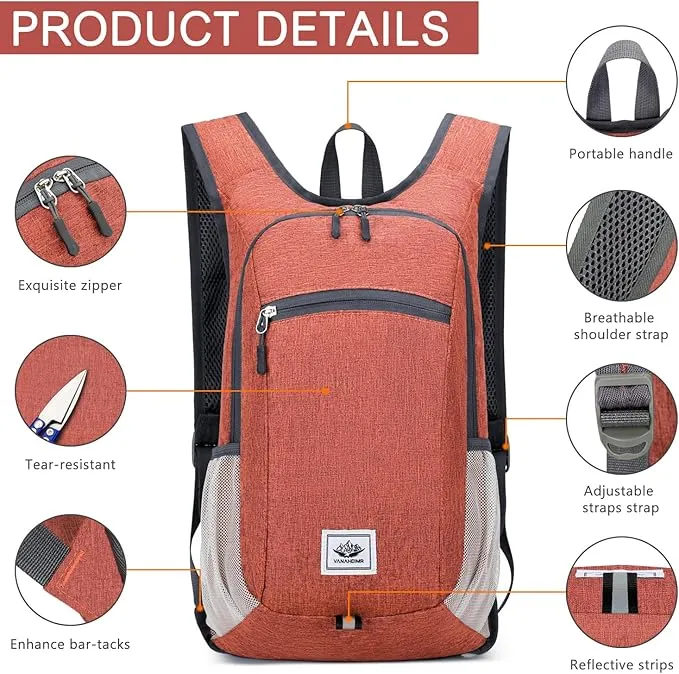 15L Lightweight Hiking Backpack Foldable Small Travel Backpack Packable Camping Backpack for Women Men (Dark Orange)
