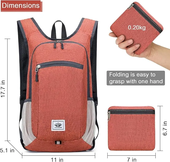 15L Lightweight Hiking Backpack Foldable Small Travel Backpack Packable Camping Backpack for Women Men (Dark Orange)