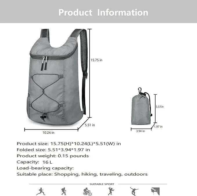 16L Hiking-Daypack Lightweight-Foldable Travel-Backpack Water-Resistant Camping Outdoor Packable Easy Carry-on Bag (Gray)