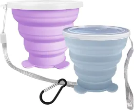 2 Pcs Collapsible Cup, Silicone Collapsible Travel Cup, Expandable Folding Camping Drinking Cup with Lids Reusable Small Portable Mugs Cup for Travel, Camping, Hiking,Outdoor Sports (Purple&Blue)