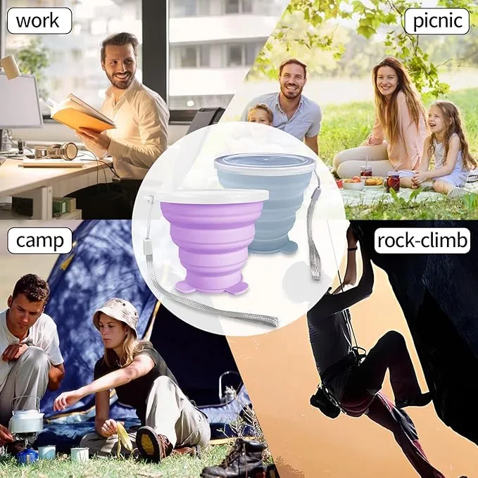 2 Pcs Collapsible Cup, Silicone Collapsible Travel Cup, Expandable Folding Camping Drinking Cup with Lids Reusable Small Portable Mugs Cup for Travel, Camping, Hiking,Outdoor Sports (Purple&Blue)