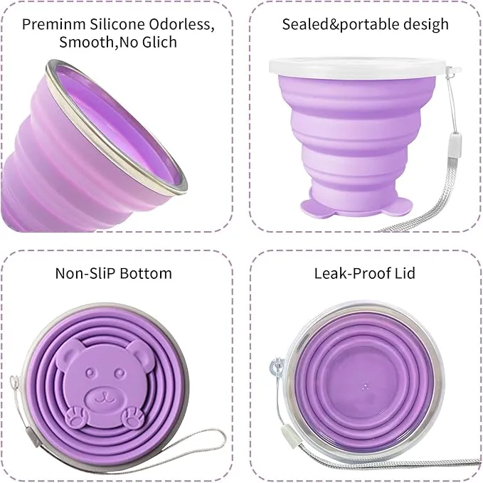 2 Pcs Collapsible Cup, Silicone Collapsible Travel Cup, Expandable Folding Camping Drinking Cup with Lids Reusable Small Portable Mugs Cup for Travel, Camping, Hiking,Outdoor Sports (Purple&Blue)