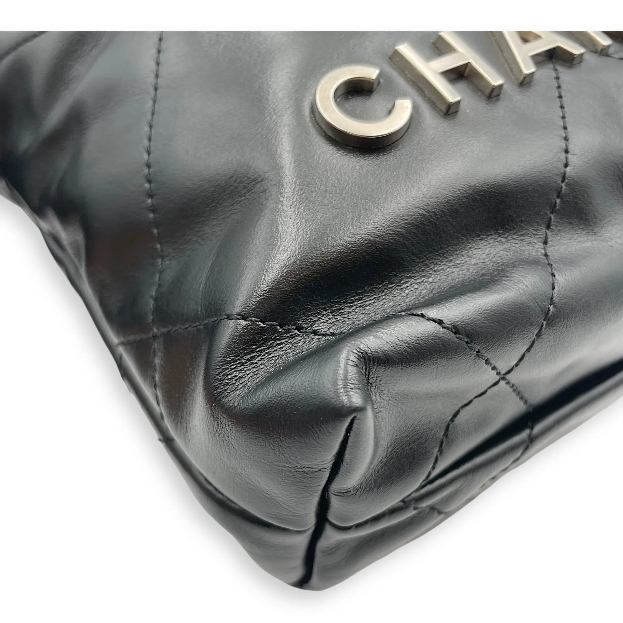 22 Tote Mini Black Crossbody Bag in Shiny Calf, Silver hardware