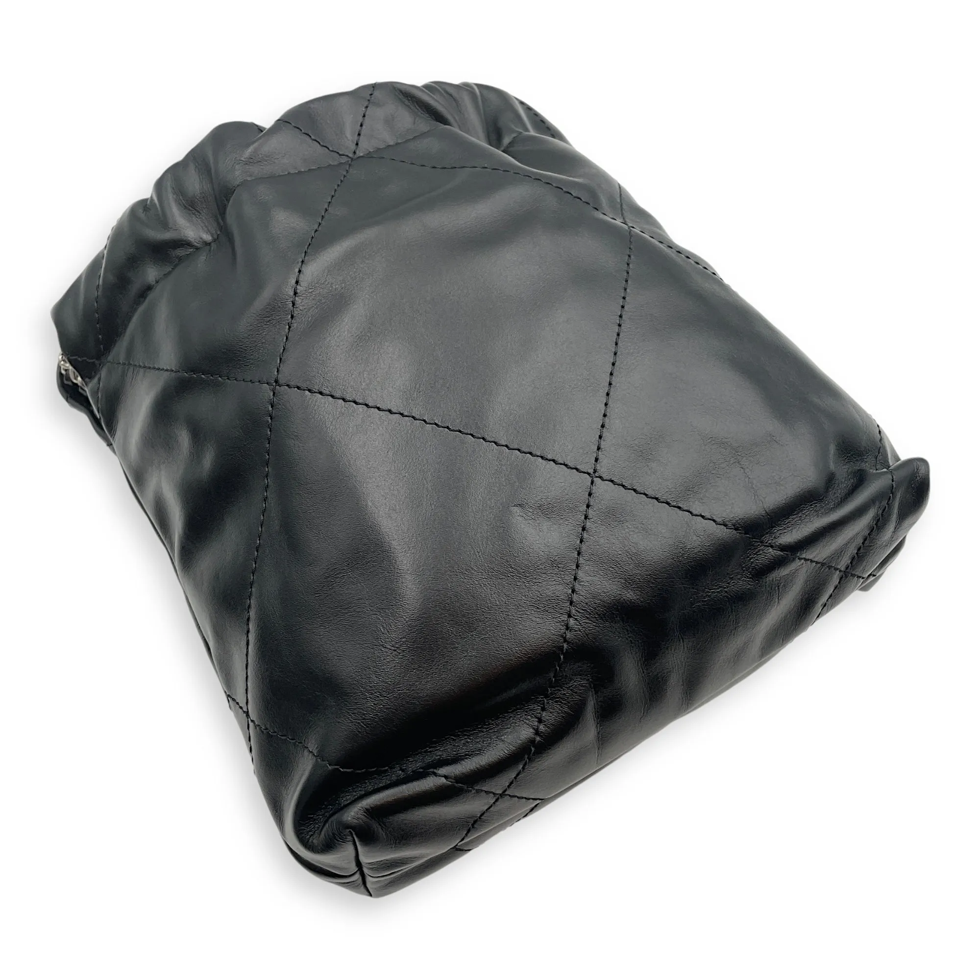 22 Tote Mini Black Crossbody Bag in Shiny Calf, Silver hardware