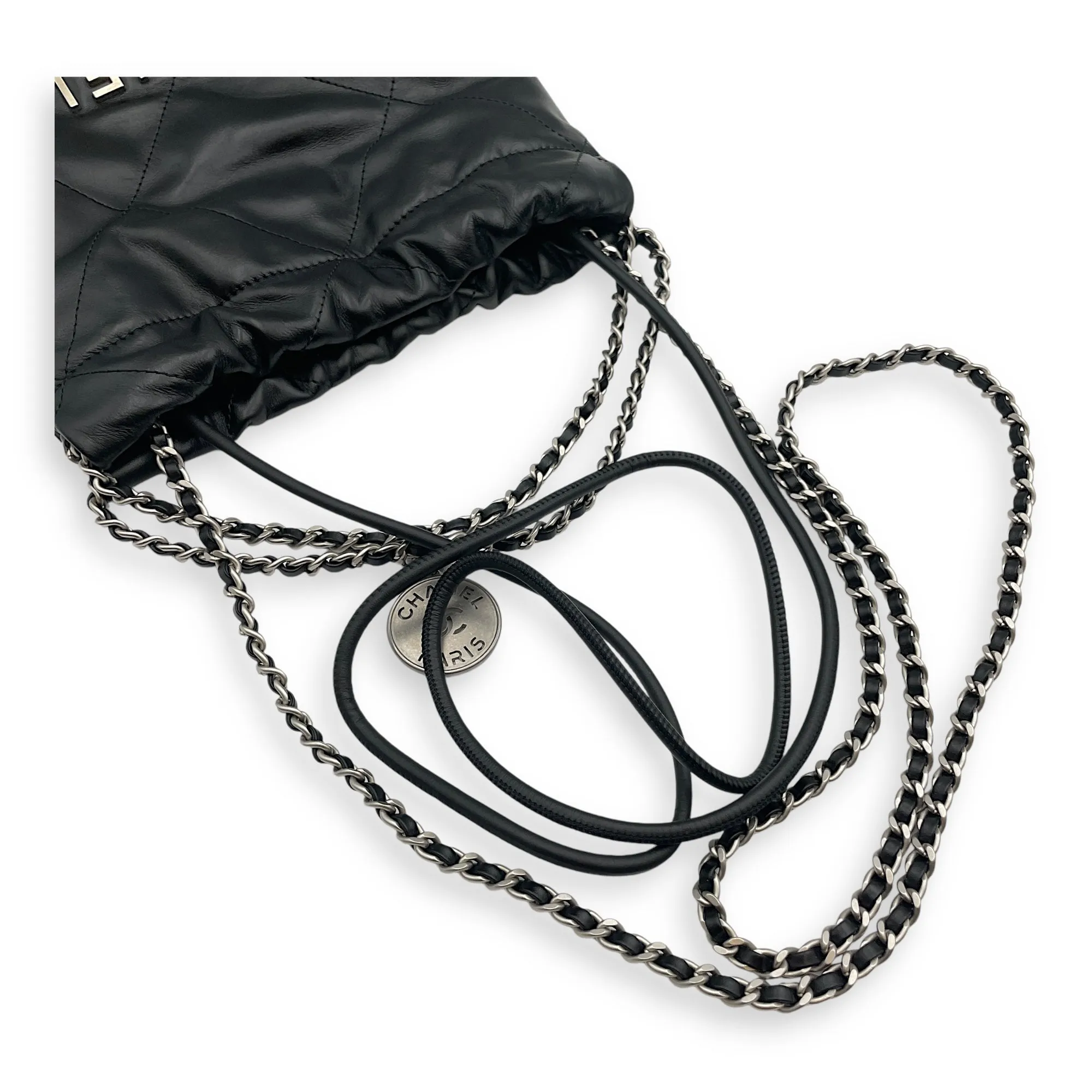 22 Tote Mini Black Crossbody Bag in Shiny Calf, Silver hardware