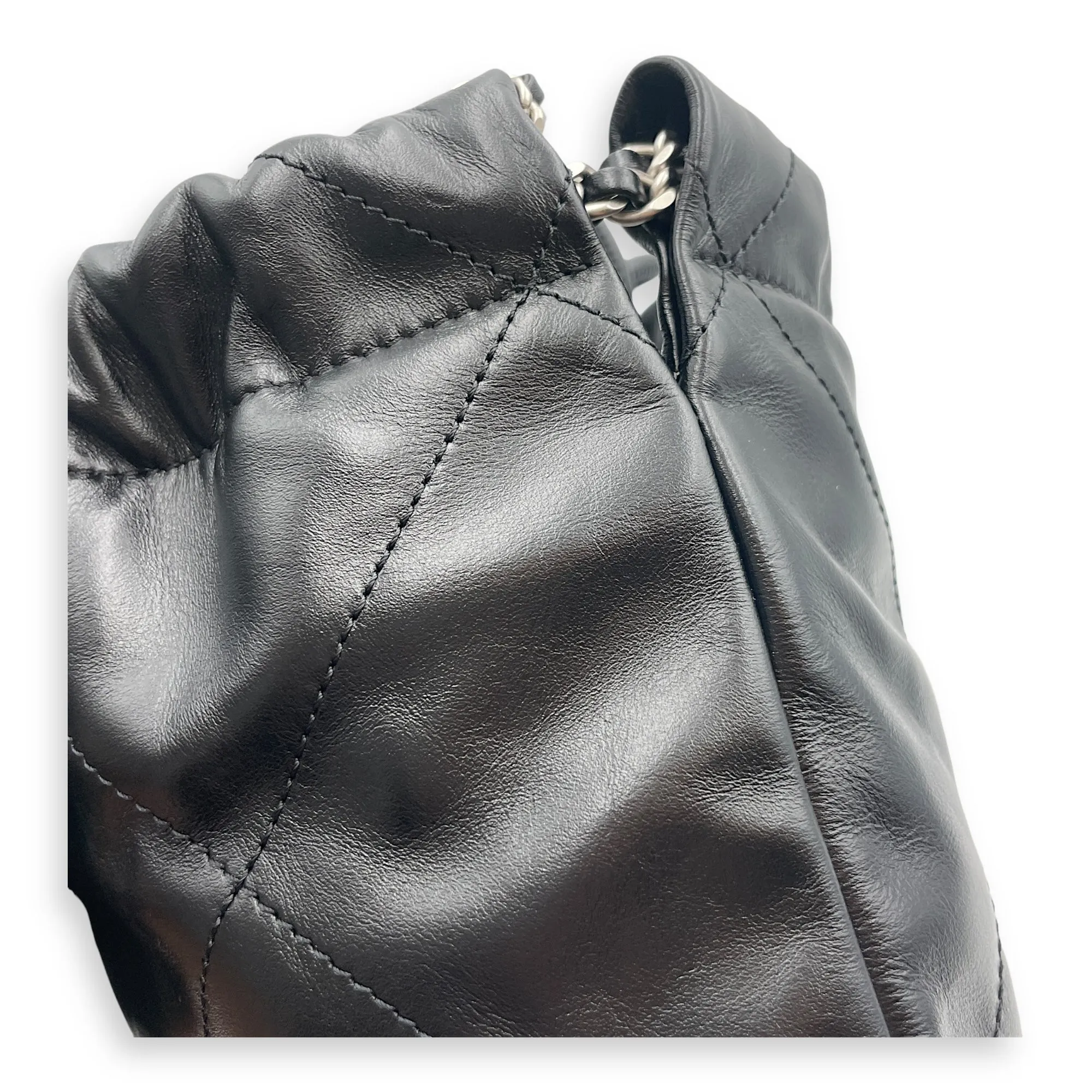 22 Tote Mini Black Crossbody Bag in Shiny Calf, Silver hardware