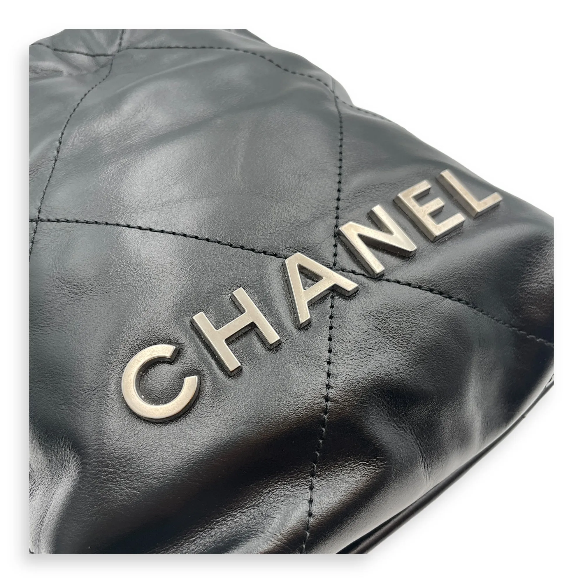 22 Tote Mini Black Crossbody Bag in Shiny Calf, Silver hardware