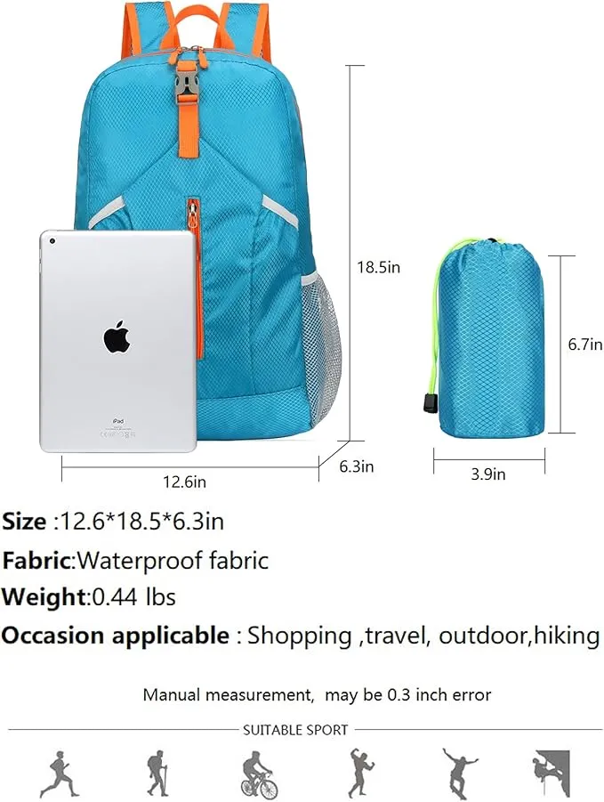 25L Hiking-Backpack Foldable-Sports Daypack-Camping Collapsible Bag Water Resistant Lightweight Travel Men Women (Blue)