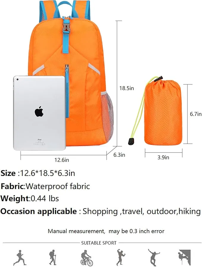 25L Hiking-Backpack Foldable-Sports Daypack-Camping Collapsible Bag Water Resistant Lightweight Travel Men Women (Orange)