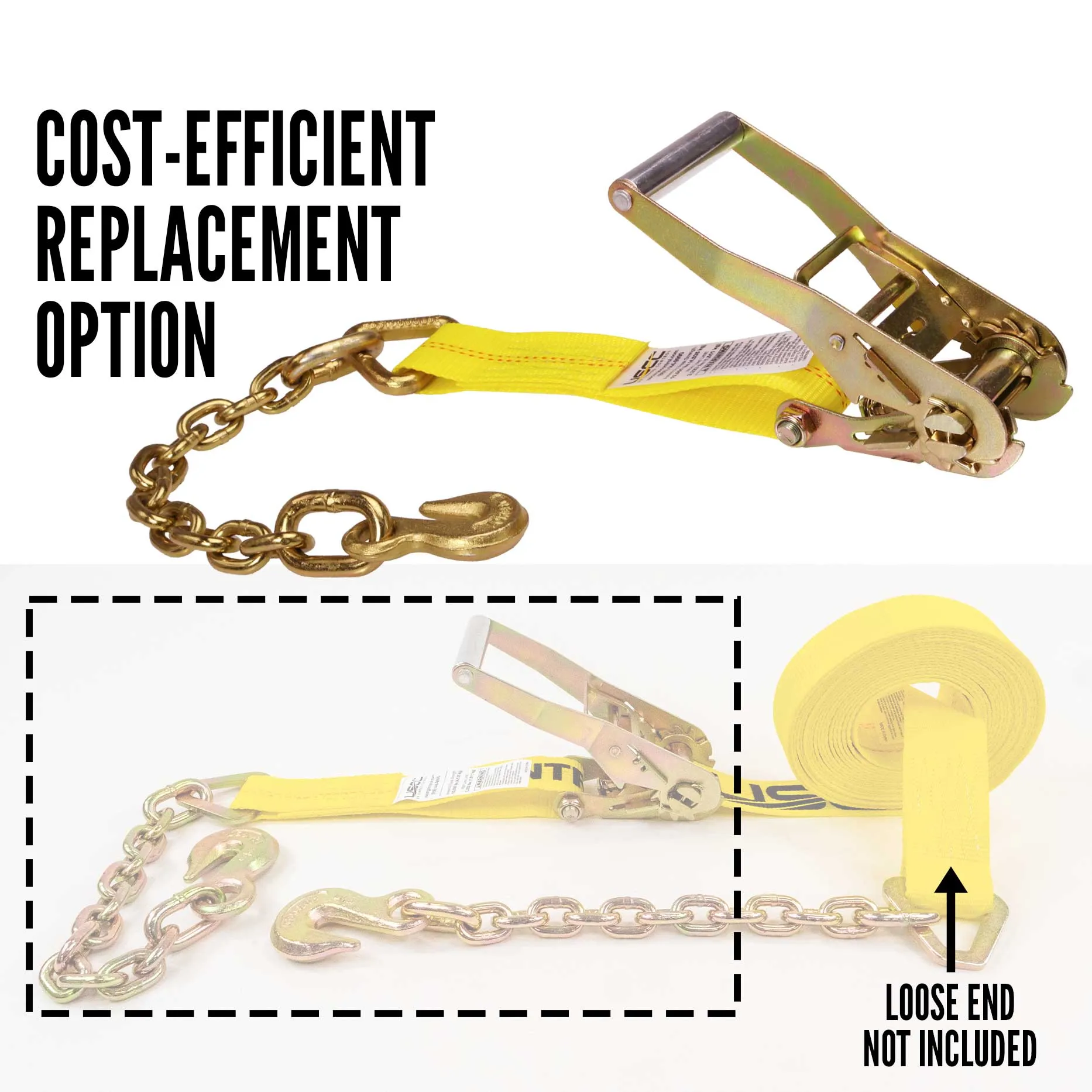 2" x 11" Replacement Ratchet Strap Fixed End - Ratchet / Chain Extension | Yellow