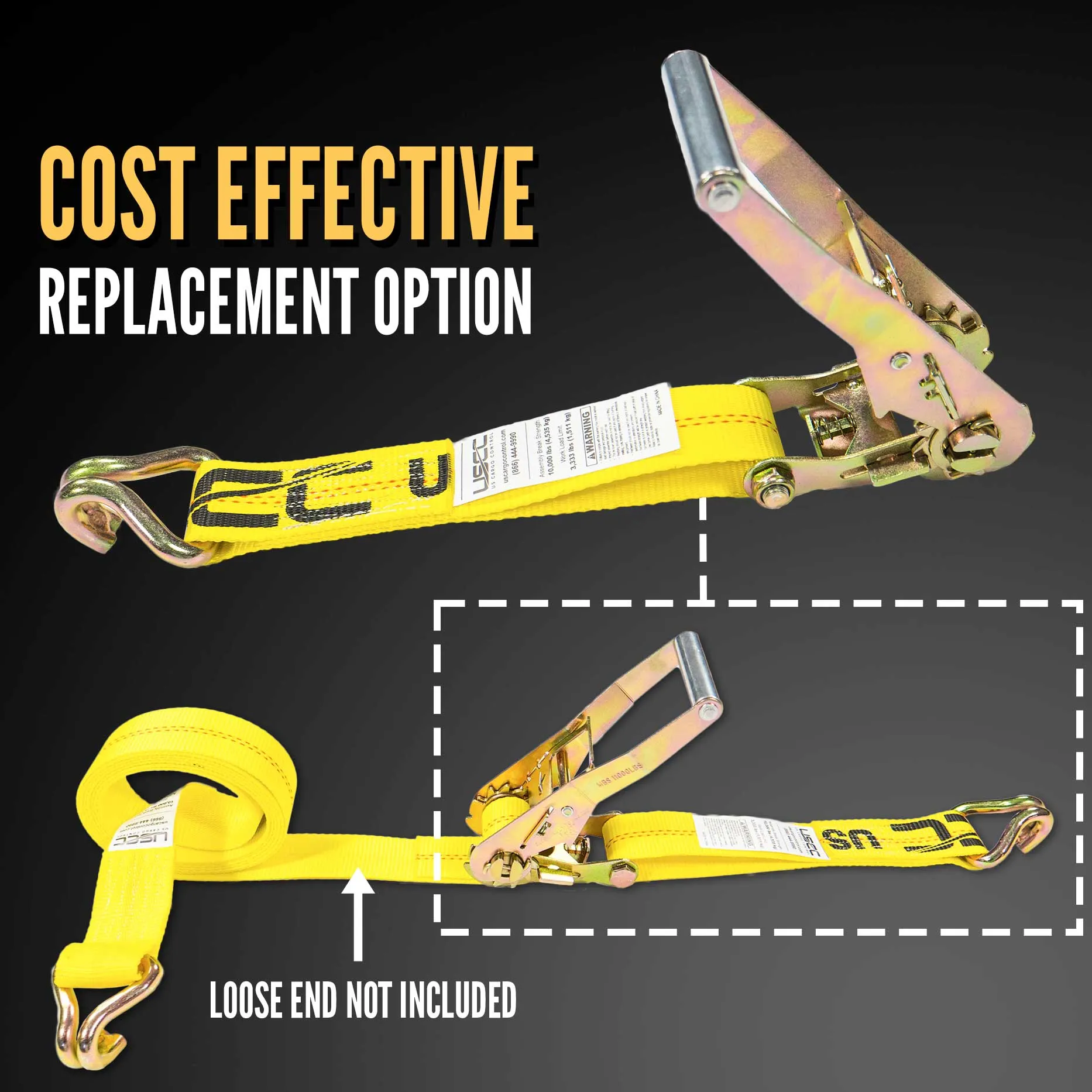 2" x 11" Replacement Ratchet Strap Fixed End - Ratchet / Wire Hook | Yellow