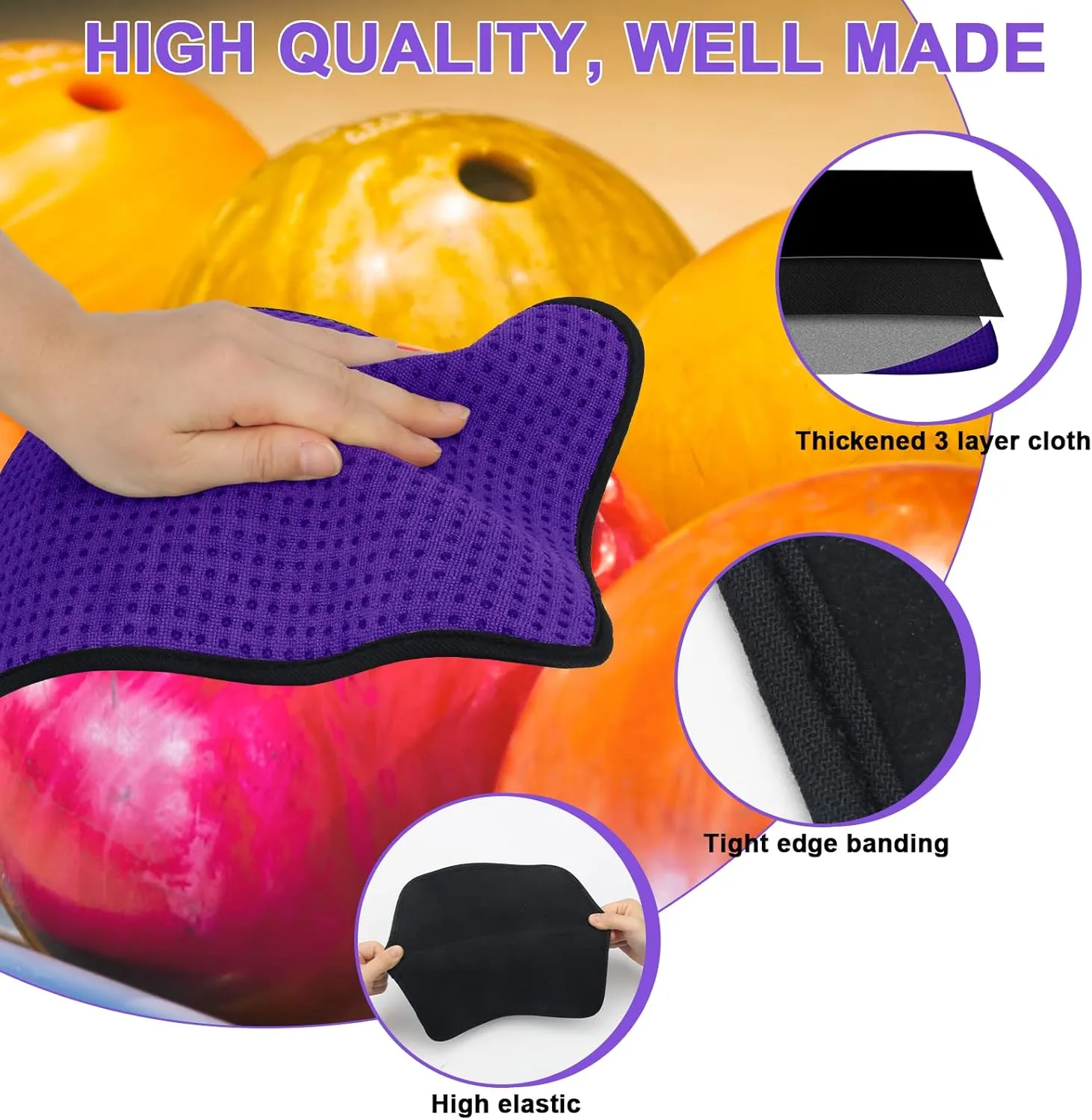 3 Pack Bowling Ball Towels, 10" x 8" Microfiber Bowling Shammy Accessories with Easy-Grip Dots Non-Slip (Purple)