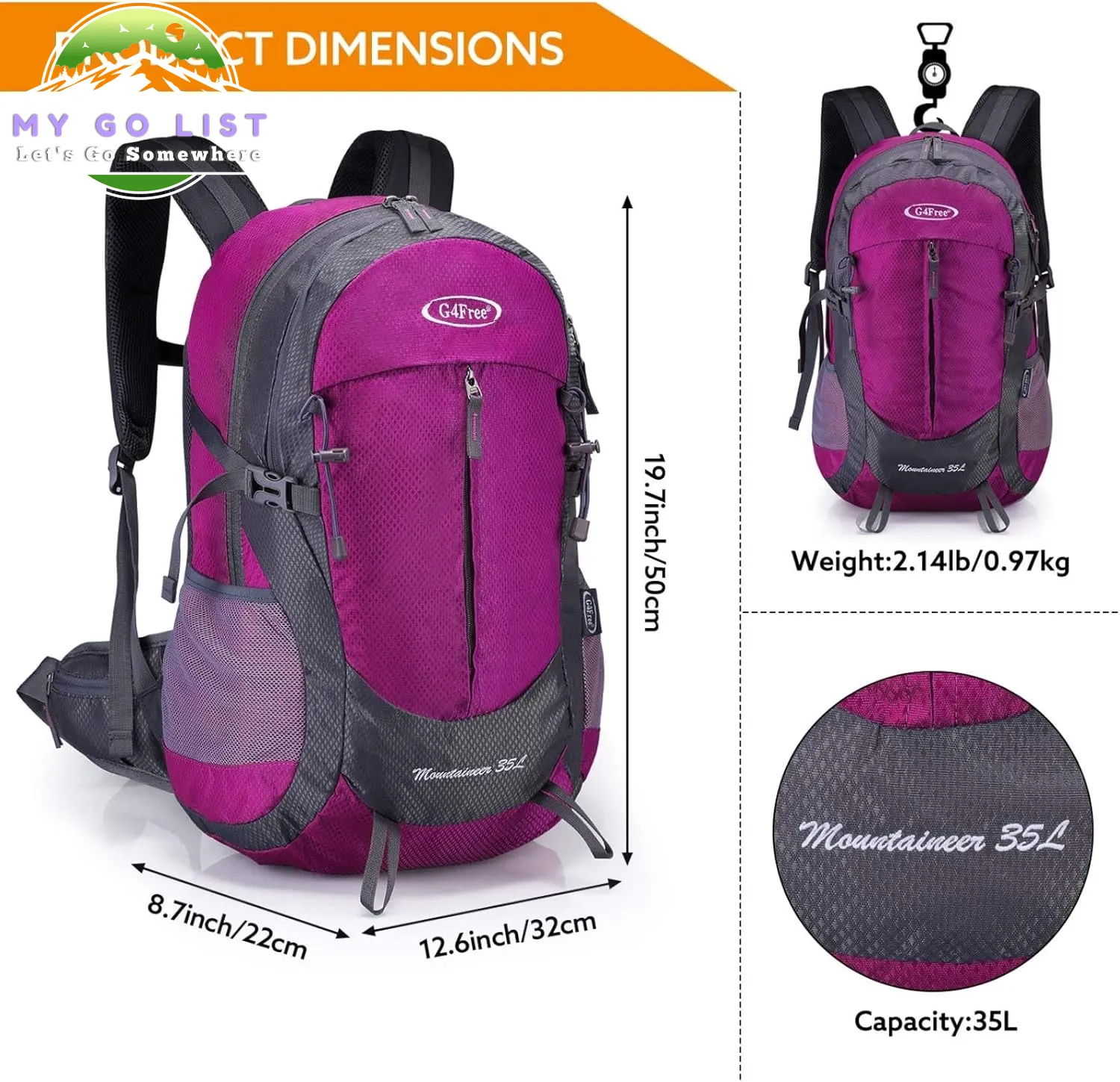 35L Hiking Backpack Water Resistant