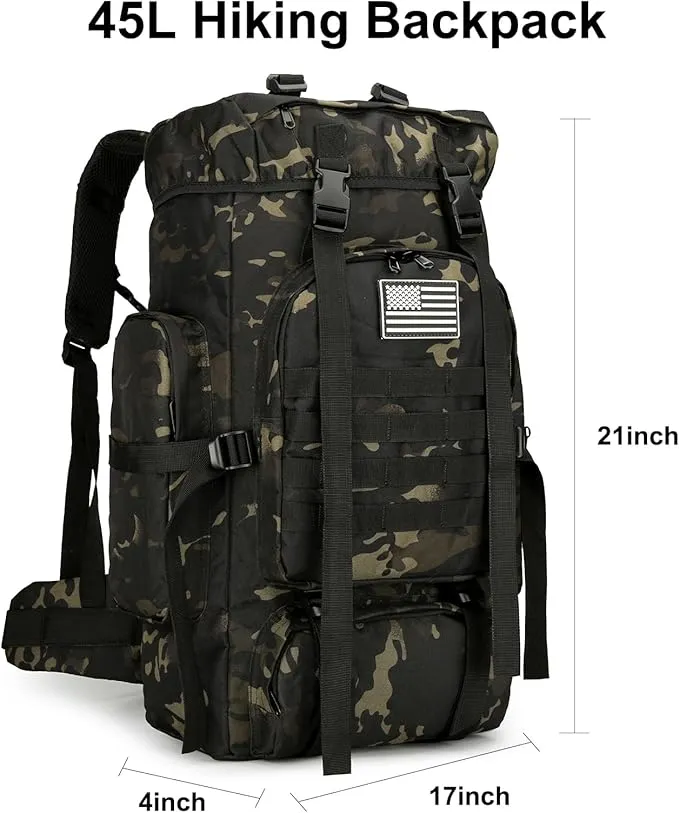 45L Hiking Backpack Camping Rucksack Molle Military Backpack for Outdoor Traveling (Black CP)