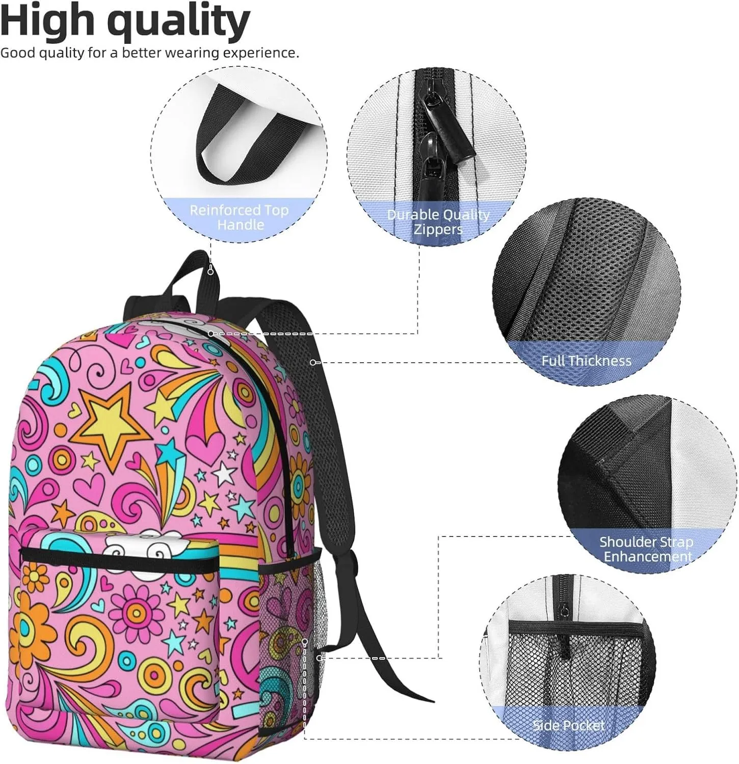 60s 70s Hippie Flowers Peace Loves Rainbow 17 Inch Backpacks Multipurpose Laptop Backpack Double Shoulder Bag for Men Women Gifts