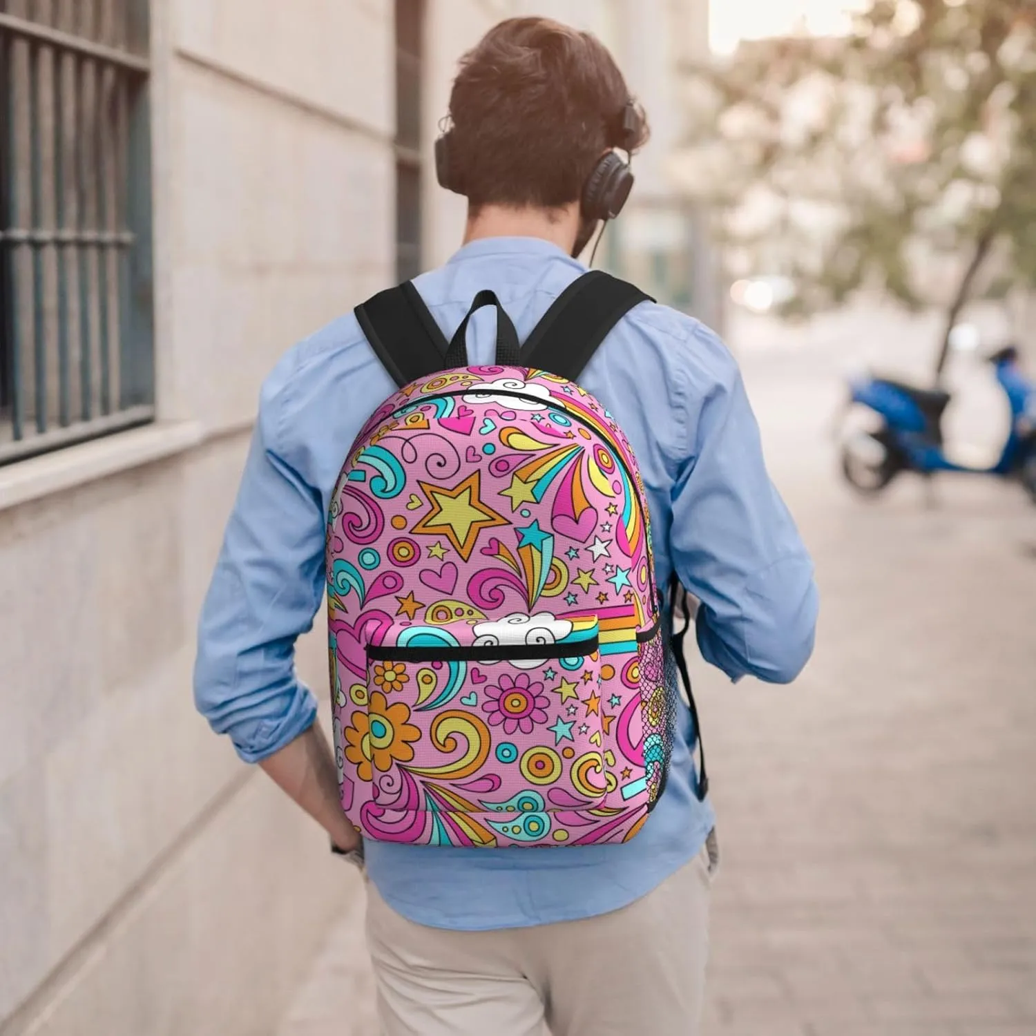 60s 70s Hippie Flowers Peace Loves Rainbow 17 Inch Backpacks Multipurpose Laptop Backpack Double Shoulder Bag for Men Women Gifts