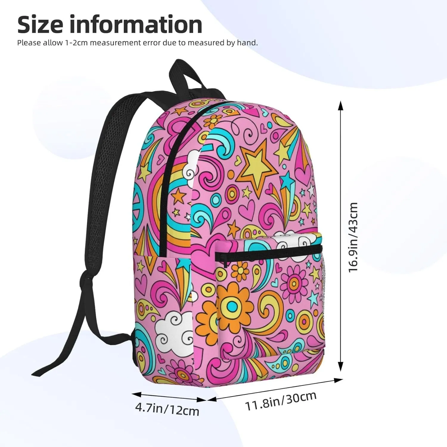 60s 70s Hippie Flowers Peace Loves Rainbow 17 Inch Backpacks Multipurpose Laptop Backpack Double Shoulder Bag for Men Women Gifts
