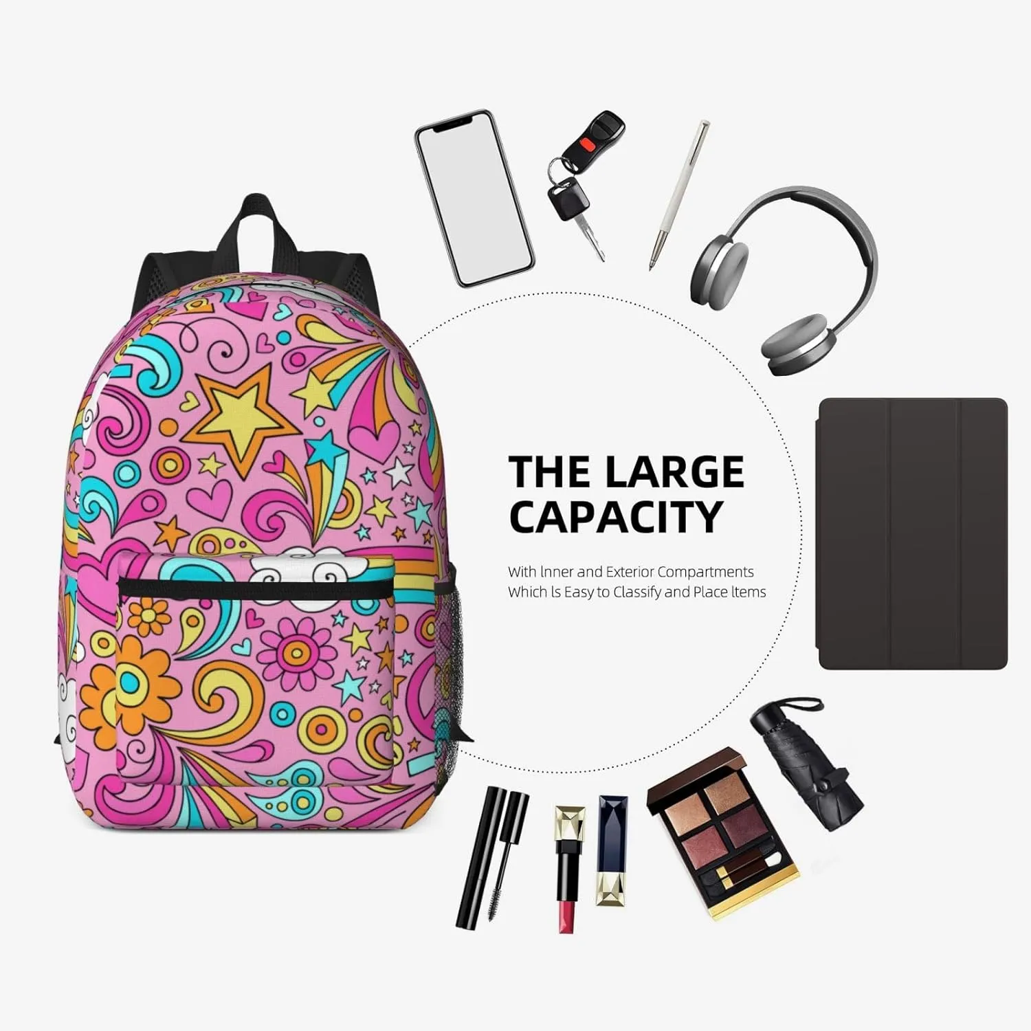 60s 70s Hippie Flowers Peace Loves Rainbow 17 Inch Backpacks Multipurpose Laptop Backpack Double Shoulder Bag for Men Women Gifts