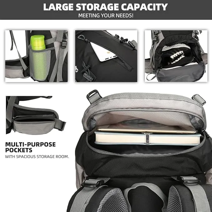 70L Camping Hiking Backpack with Rain Cover Waterproof Backpacking Backpack for Hiking Treeking Climbing Outdoor (Black)