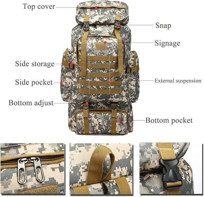 70L Waterproof Hiking Daypack Large Hiking Backpack, Hunting Camping Rucksack Backpack for Men Outdoor Sports Backpack (Yellow)