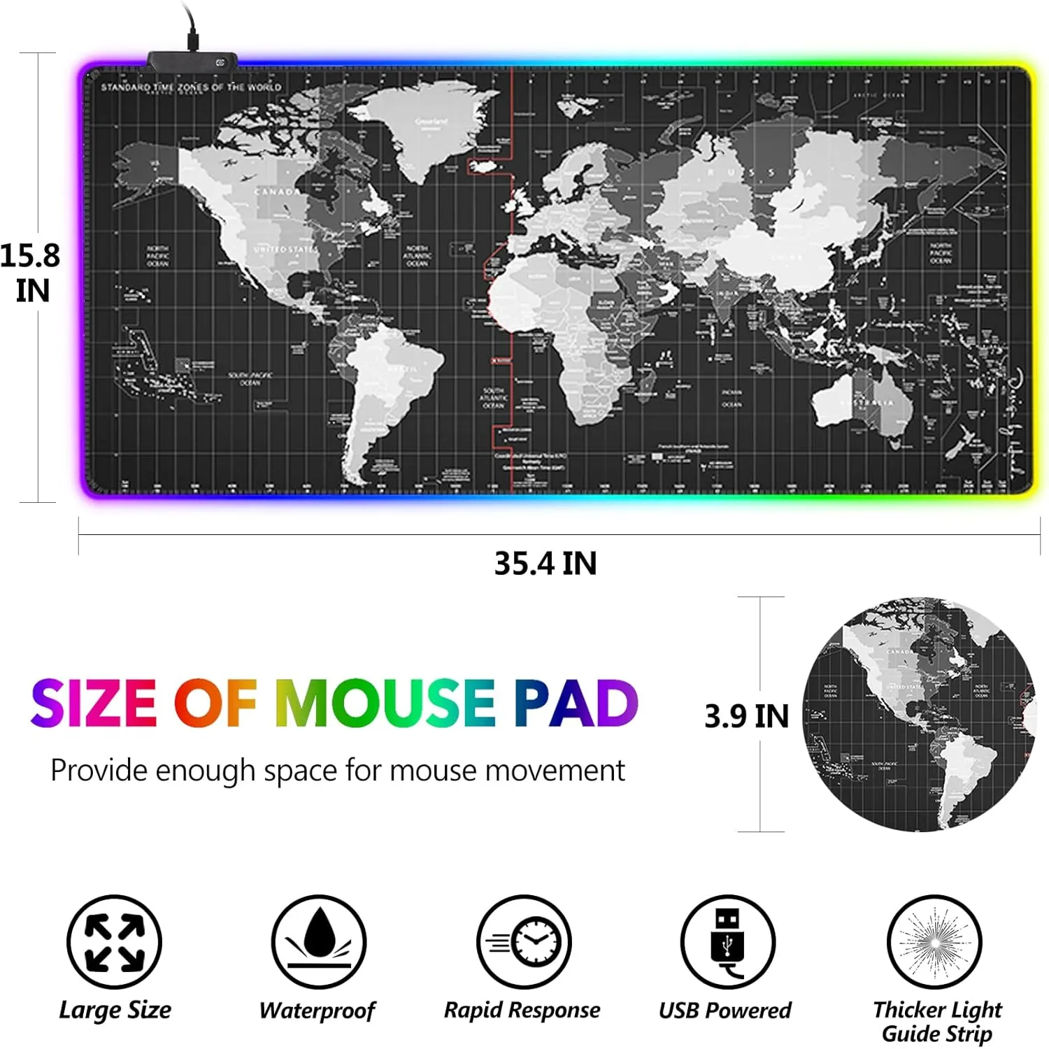 AIMSA RGB Gaming Mouse Pad Extended, Large Led Mousepads Non-Slip Rubber Base with 14 Lighting Modes, Computer Keyboard Mat Soft Desk pad Waterproof 35.4 x 15.8 inches, Black World Map
