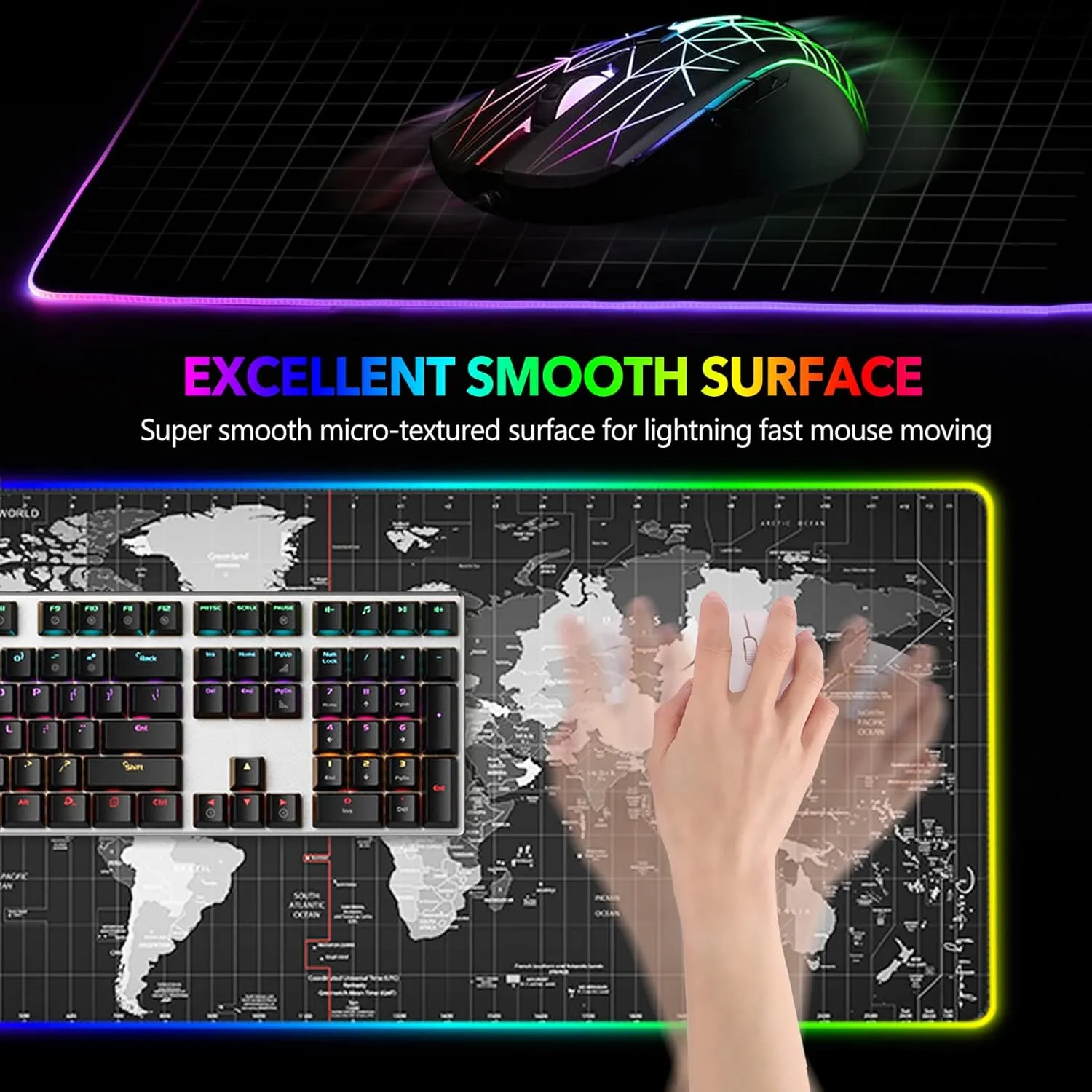 AIMSA RGB Gaming Mouse Pad Extended, Large Led Mousepads Non-Slip Rubber Base with 14 Lighting Modes, Computer Keyboard Mat Soft Desk pad Waterproof 35.4 x 15.8 inches, Black World Map