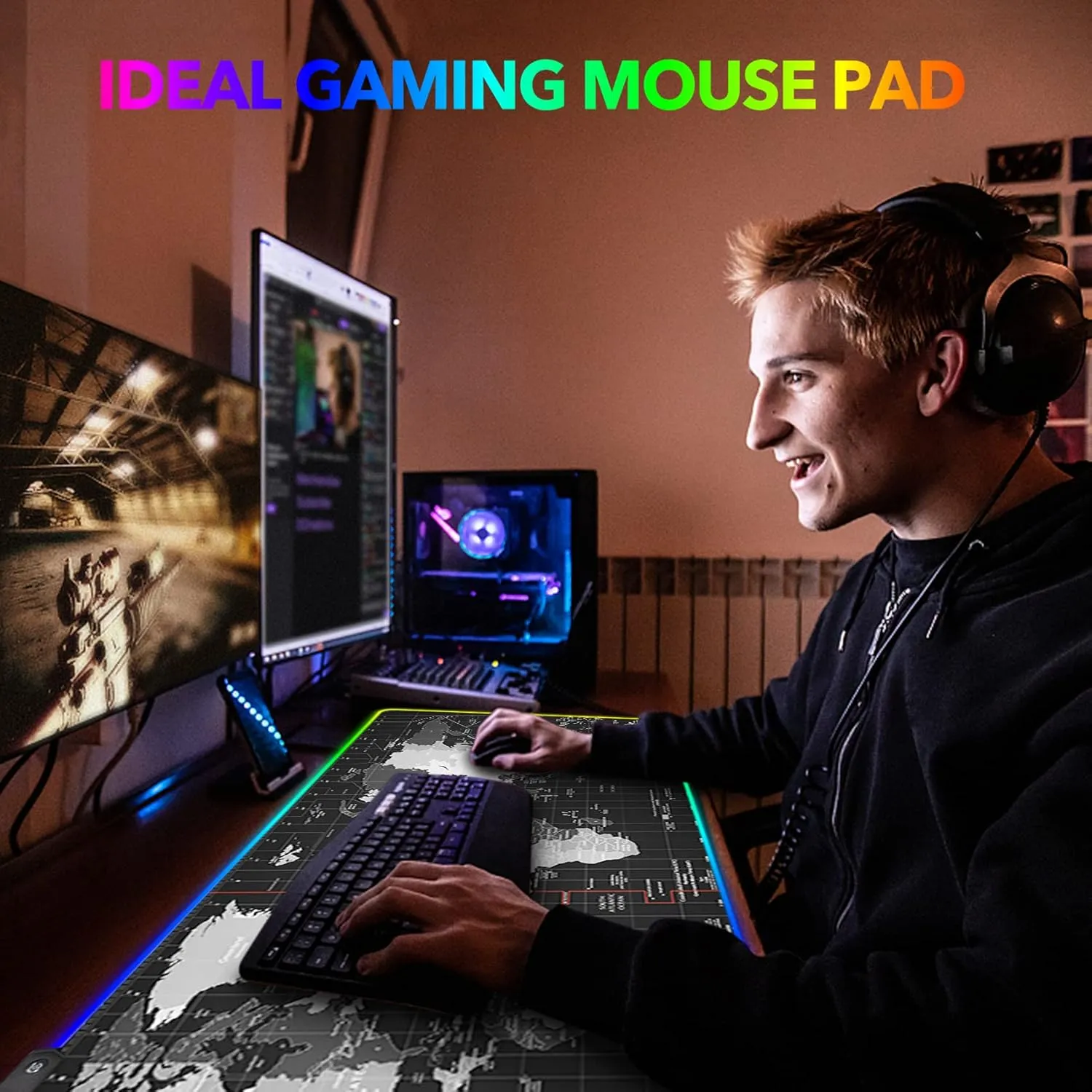 AIMSA RGB Gaming Mouse Pad Extended, Large Led Mousepads Non-Slip Rubber Base with 14 Lighting Modes, Computer Keyboard Mat Soft Desk pad Waterproof 35.4 x 15.8 inches, Black World Map
