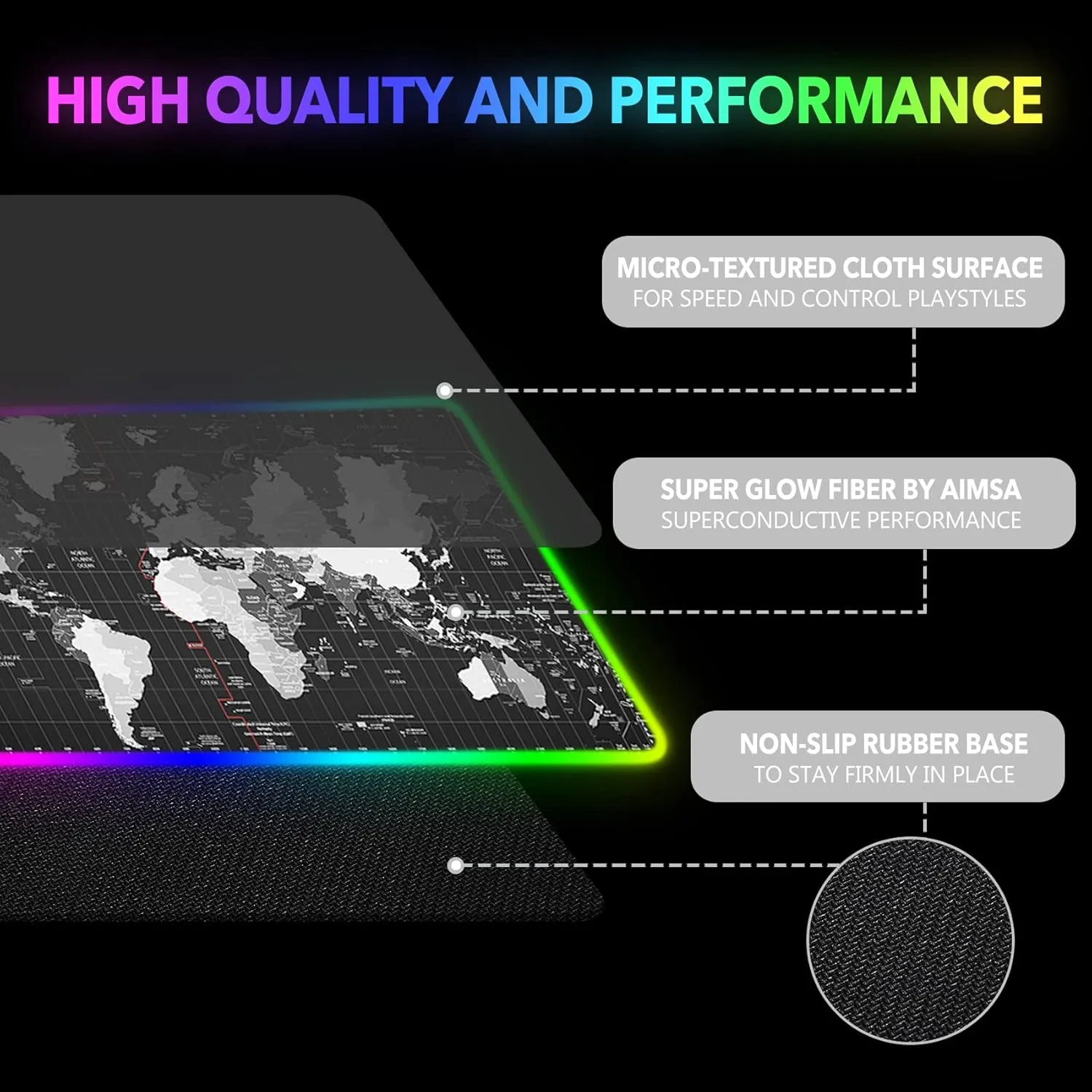 AIMSA RGB Gaming Mouse Pad Extended, Large Led Mousepads Non-Slip Rubber Base with 14 Lighting Modes, Computer Keyboard Mat Soft Desk pad Waterproof 35.4 x 15.8 inches, Black World Map