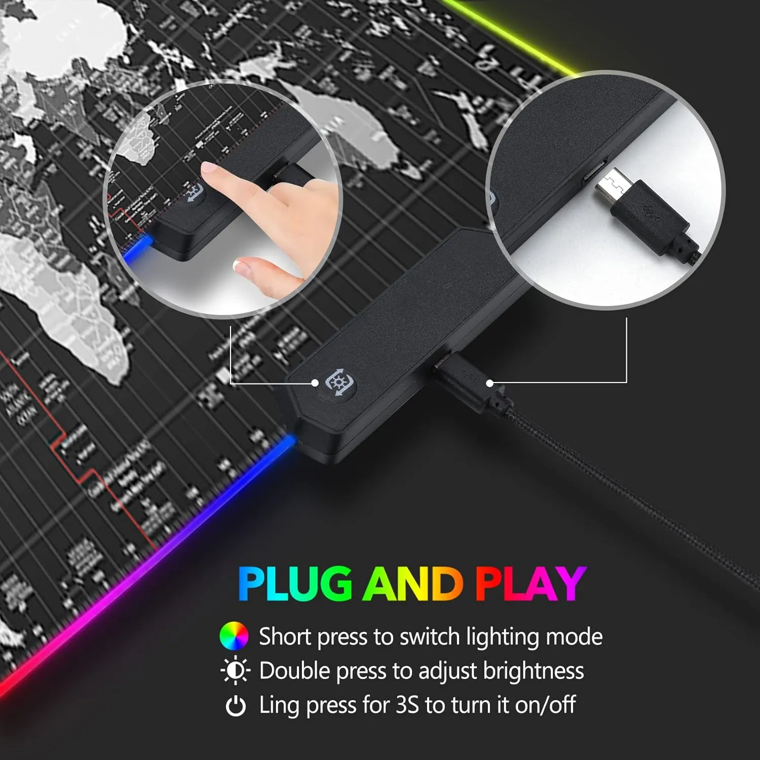 AIMSA RGB Gaming Mouse Pad Extended, Large Led Mousepads Non-Slip Rubber Base with 14 Lighting Modes, Computer Keyboard Mat Soft Desk pad Waterproof 35.4 x 15.8 inches, Black World Map