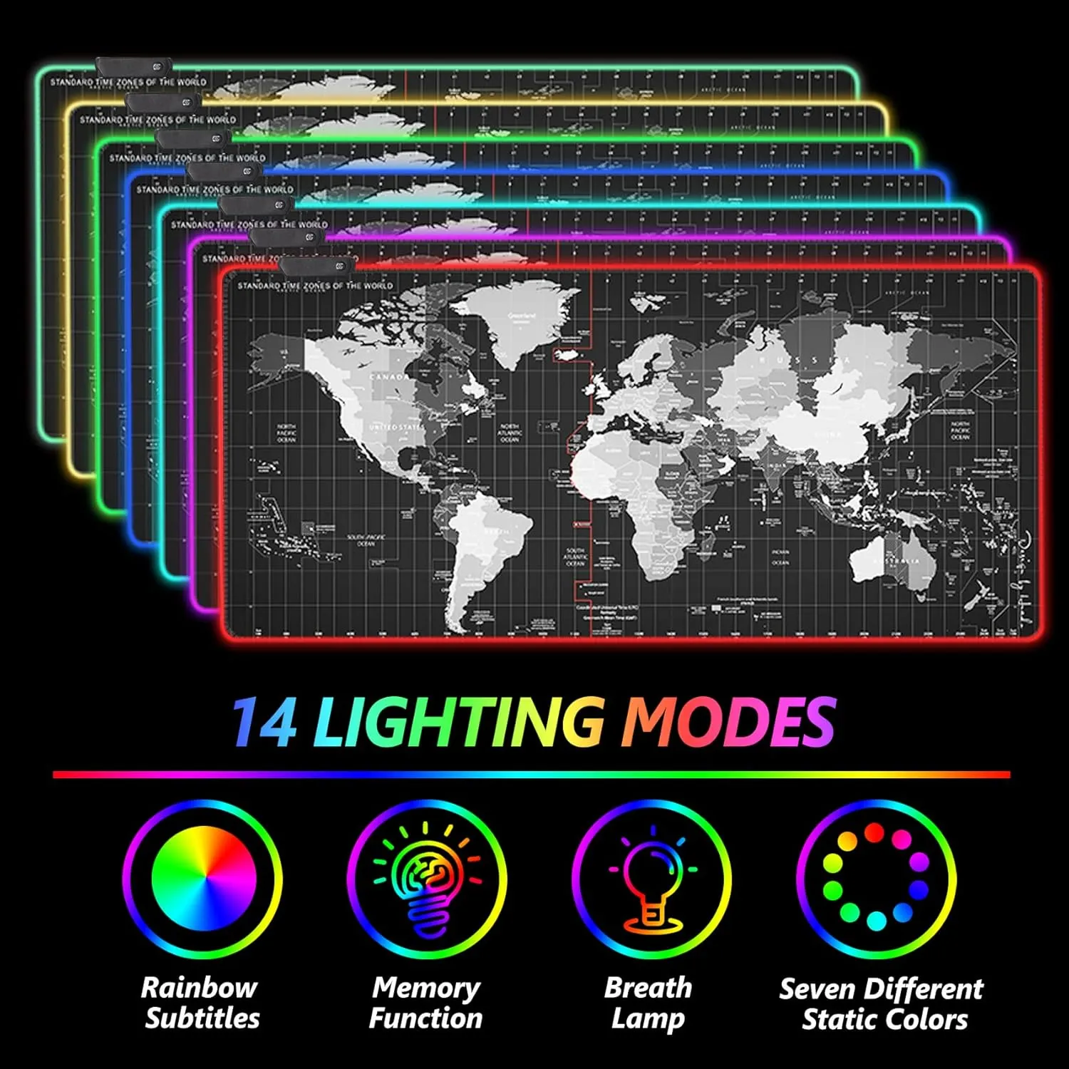 AIMSA RGB Gaming Mouse Pad Extended, Large Led Mousepads Non-Slip Rubber Base with 14 Lighting Modes, Computer Keyboard Mat Soft Desk pad Waterproof 35.4 x 15.8 inches, Black World Map