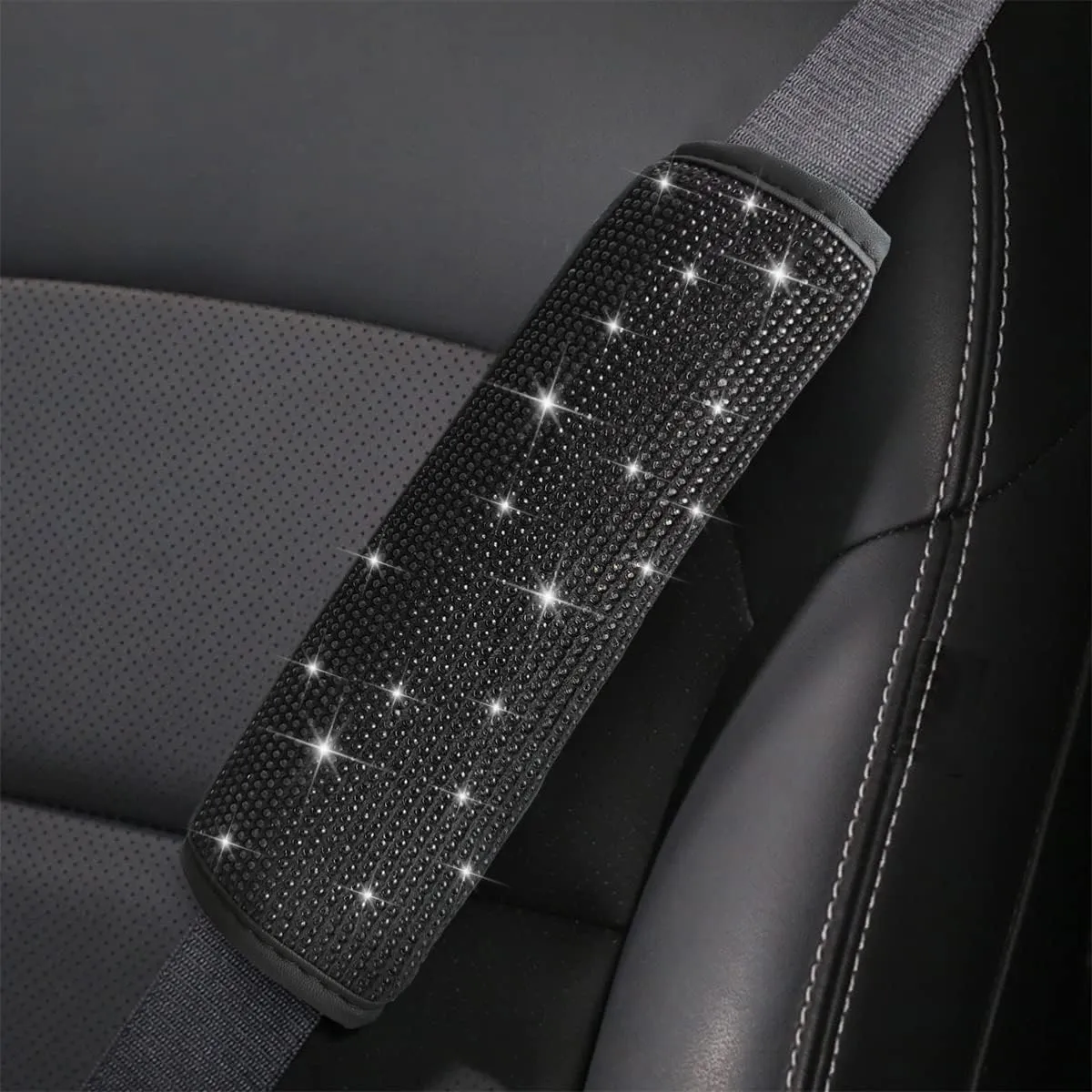Bling Car Seat Belt Shoulder Pads, 2PCS Rhinestone Crystal Auto Seat Belt Covers, Diamonds Glitter Seatbelt Cushions for Women Girl, Car Decor Accessories for Most Cars, Trucks, SUV (Black)