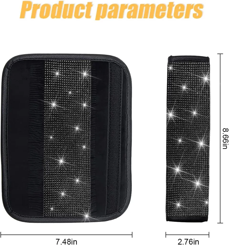 Bling Car Seat Belt Shoulder Pads, 2PCS Rhinestone Crystal Auto Seat Belt Covers, Diamonds Glitter Seatbelt Cushions for Women Girl, Car Decor Accessories for Most Cars, Trucks, SUV (Black)