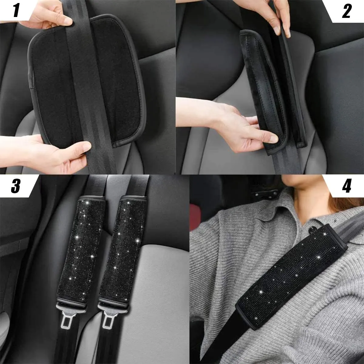 Bling Car Seat Belt Shoulder Pads, 2PCS Rhinestone Crystal Auto Seat Belt Covers, Diamonds Glitter Seatbelt Cushions for Women Girl, Car Decor Accessories for Most Cars, Trucks, SUV (Black)