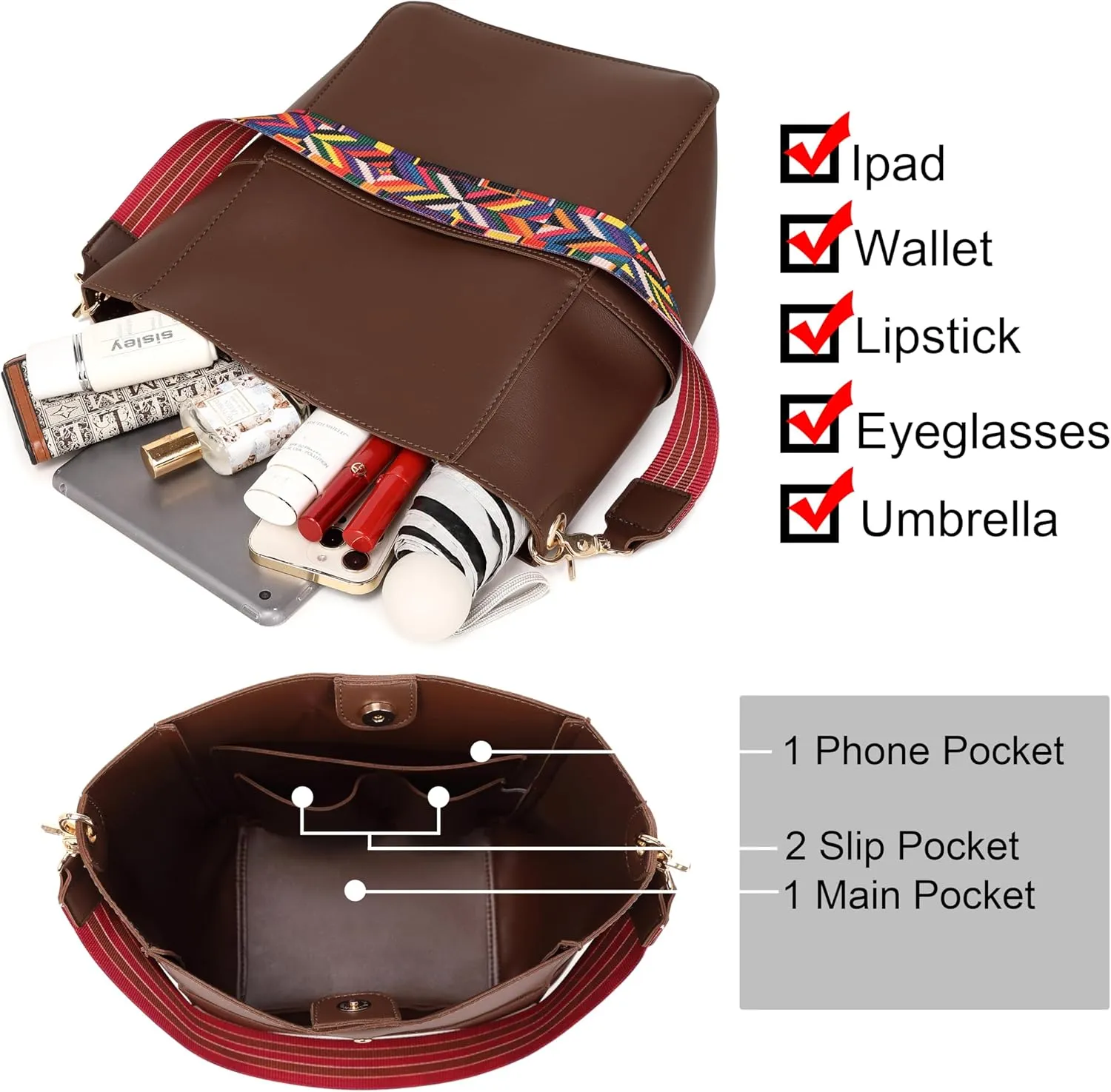 Bucket Purses for Women Designer PU Leather Bucket Bags With 2 Adjustable Guitar Strap Hobo Bags for Women