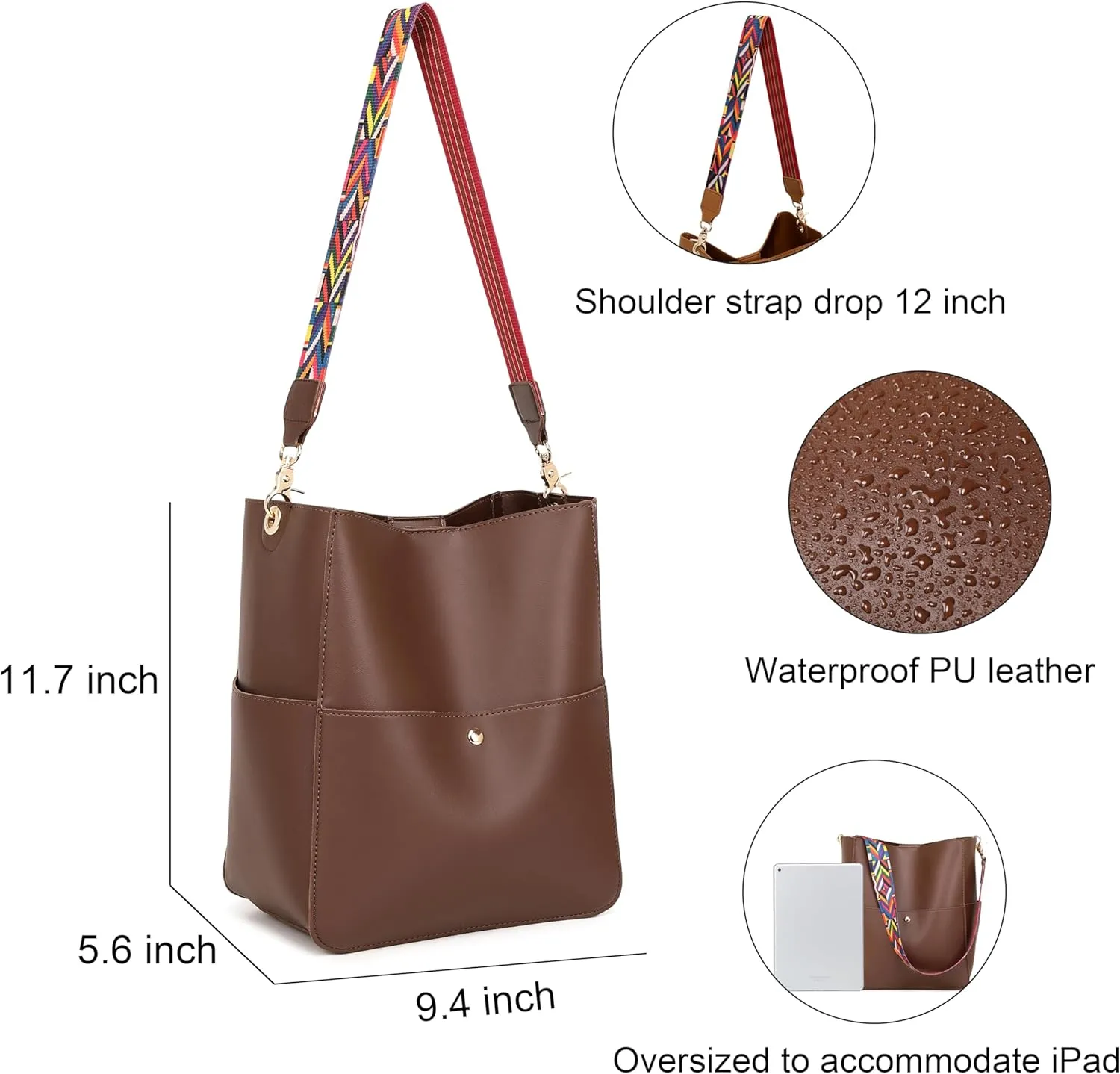 Bucket Purses for Women Designer PU Leather Bucket Bags With 2 Adjustable Guitar Strap Hobo Bags for Women