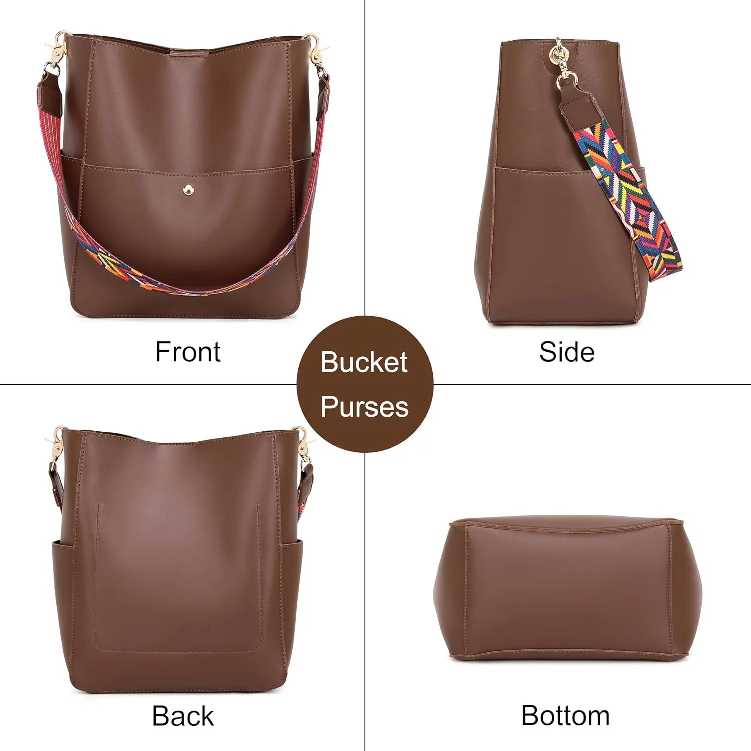 Bucket Purses for Women Designer PU Leather Bucket Bags With 2 Adjustable Guitar Strap Hobo Bags for Women