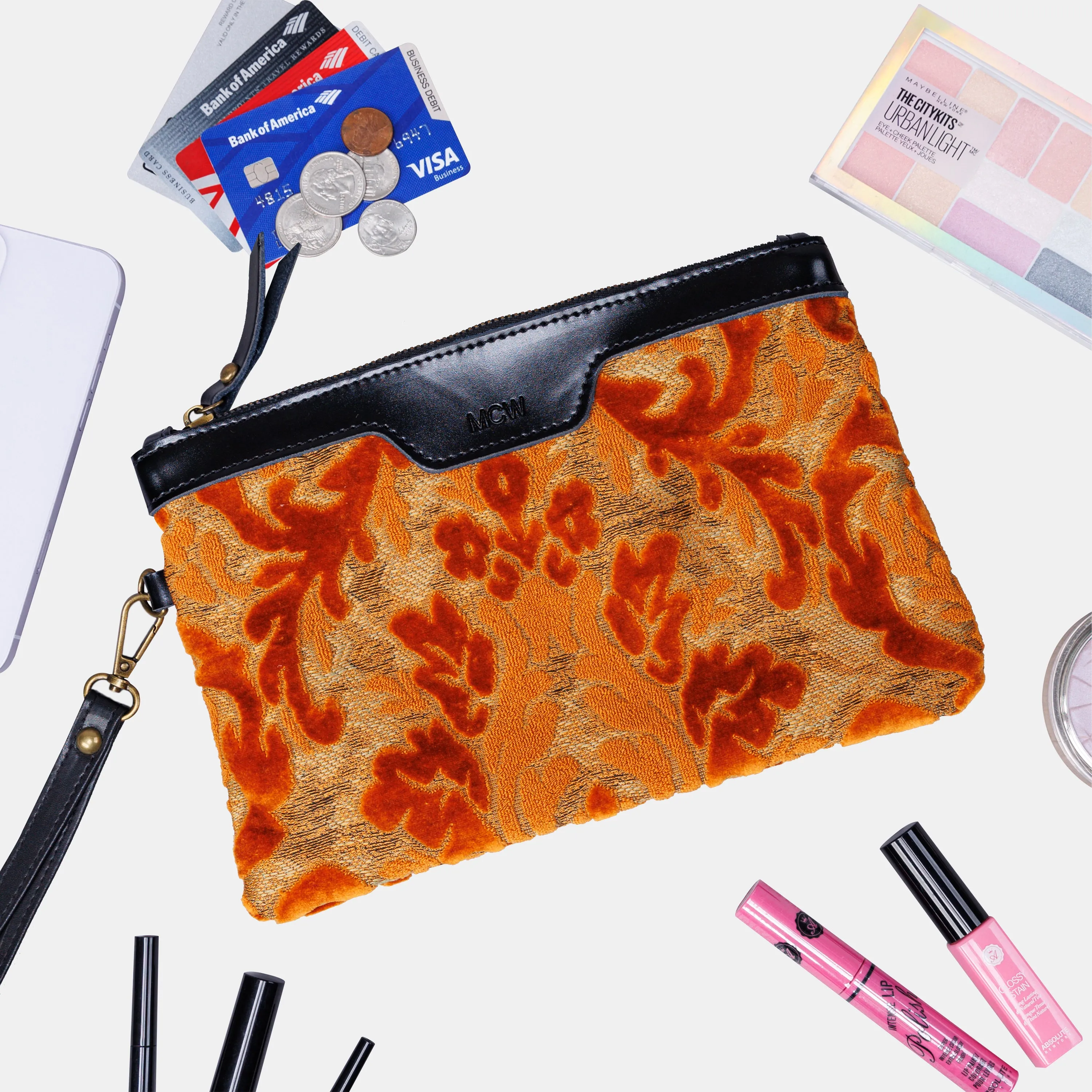 Burnout Velvet Orange Wristlet Clutch