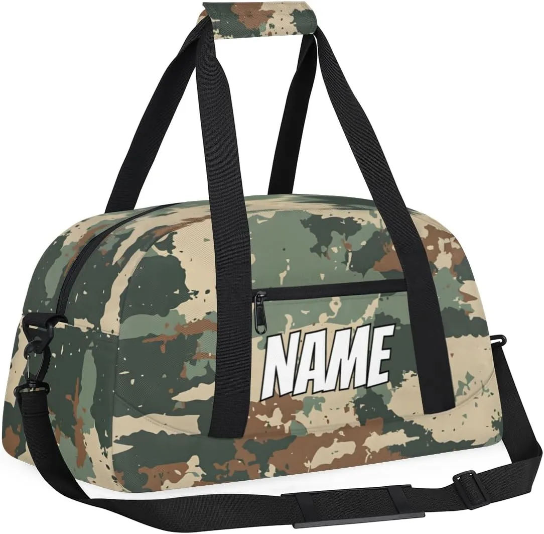 Custom Woodland Camouflage Sports Gym Bag Personalized Camo Pattern Name Travel Duffel Bag Customized Weekender Overnight Bags for Women Men