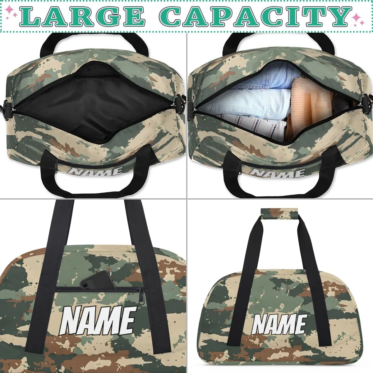 Custom Woodland Camouflage Sports Gym Bag Personalized Camo Pattern Name Travel Duffel Bag Customized Weekender Overnight Bags for Women Men