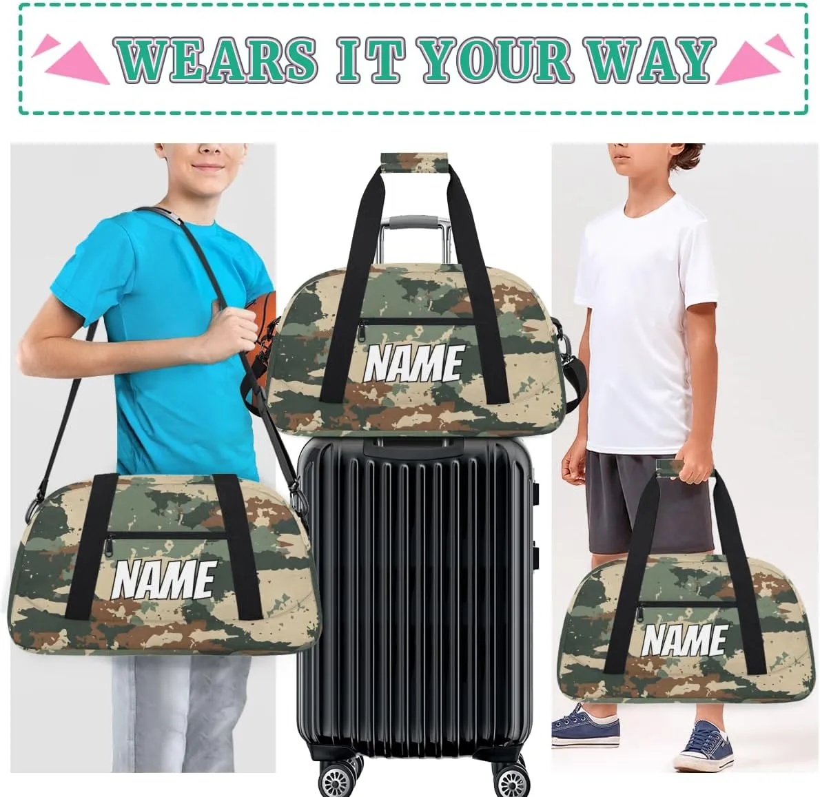 Custom Woodland Camouflage Sports Gym Bag Personalized Camo Pattern Name Travel Duffel Bag Customized Weekender Overnight Bags for Women Men