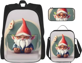 Cute Gnome Print Pencil Case Lightweight Casual Fashion Backpack Lunch Bag Large Capacity Travel Bag