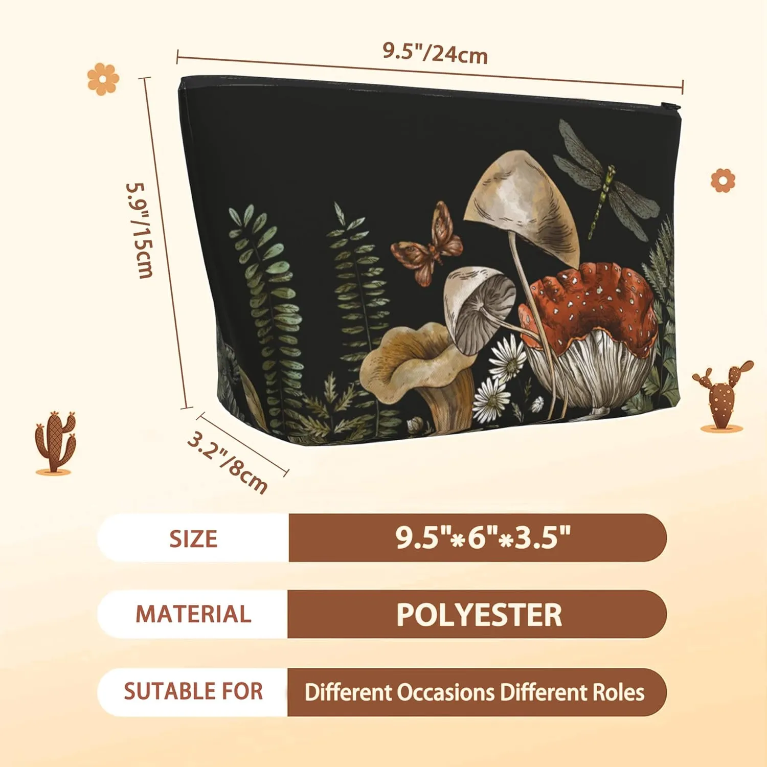 Cute Magic Mushroom Cosmetic Bag Forest Plants Makeup Bags,Travel Make up Bags for Women Girls Cute Zipper Pouch Toiletry Organizer Bag Travel Essentials