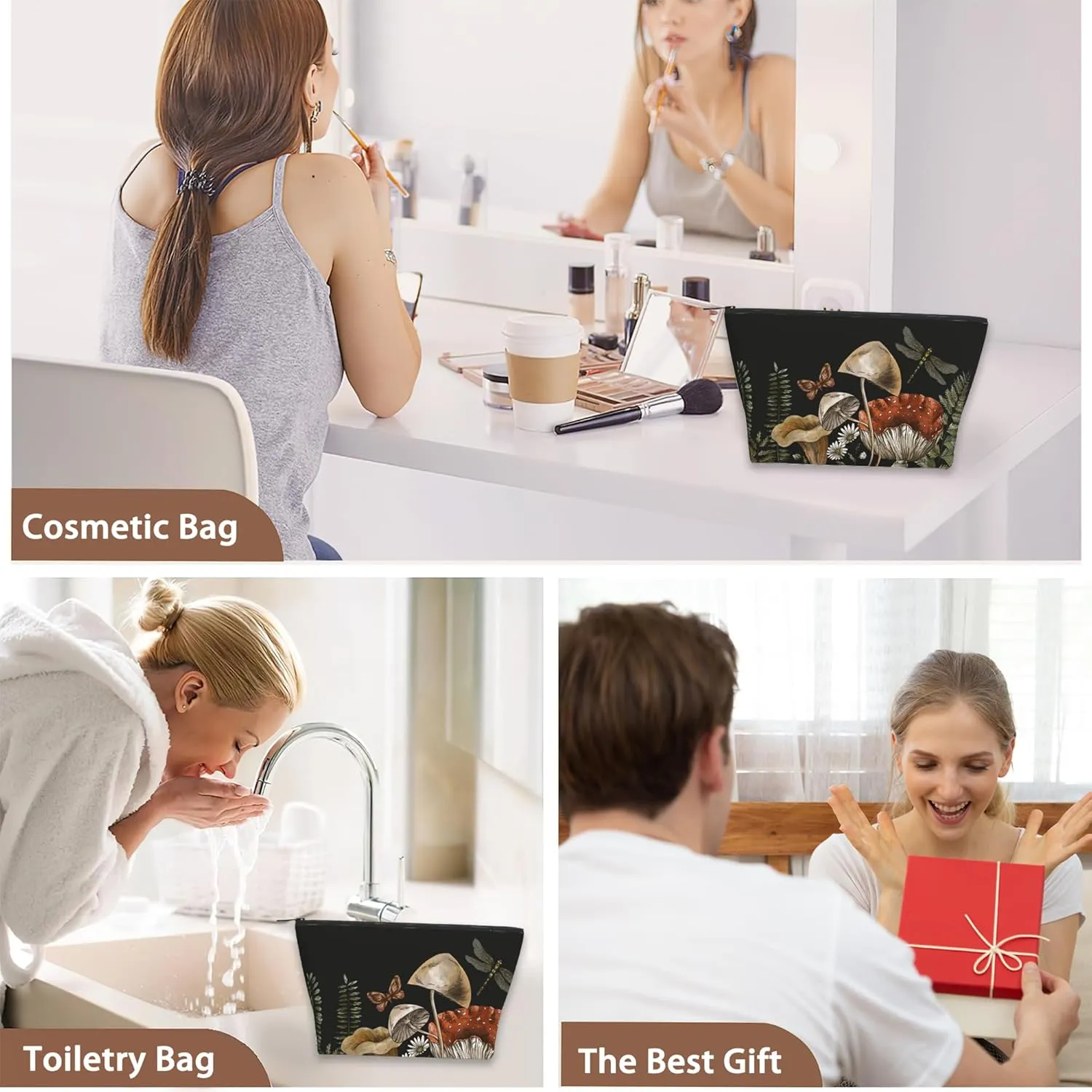 Cute Magic Mushroom Cosmetic Bag Forest Plants Makeup Bags,Travel Make up Bags for Women Girls Cute Zipper Pouch Toiletry Organizer Bag Travel Essentials