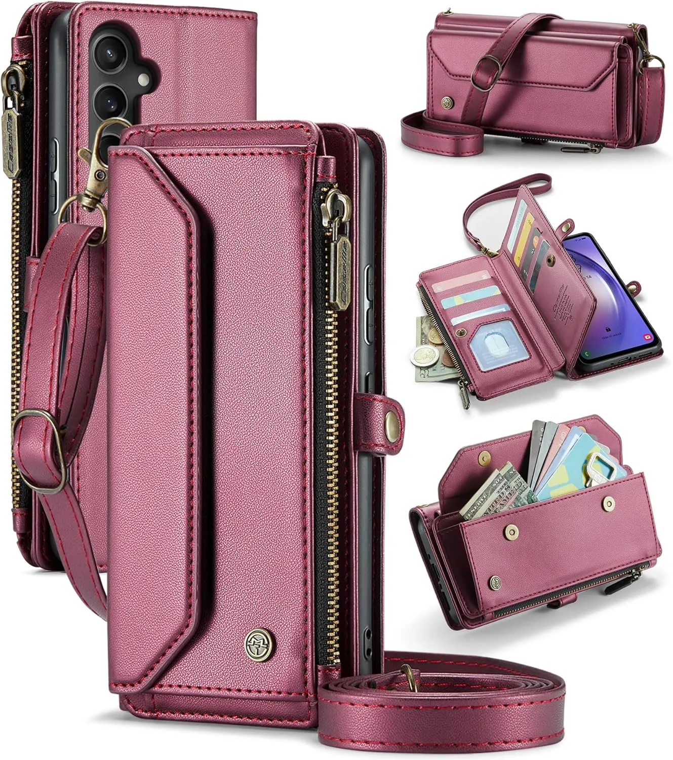for Samsung Galaxy A54 Wallet Case with RFID Protection, Card Slots, Kickstand, Detachable Strap  Shockproof PU Leather Flip Crossbody Phone Cover Galaxy A54, Burgundy