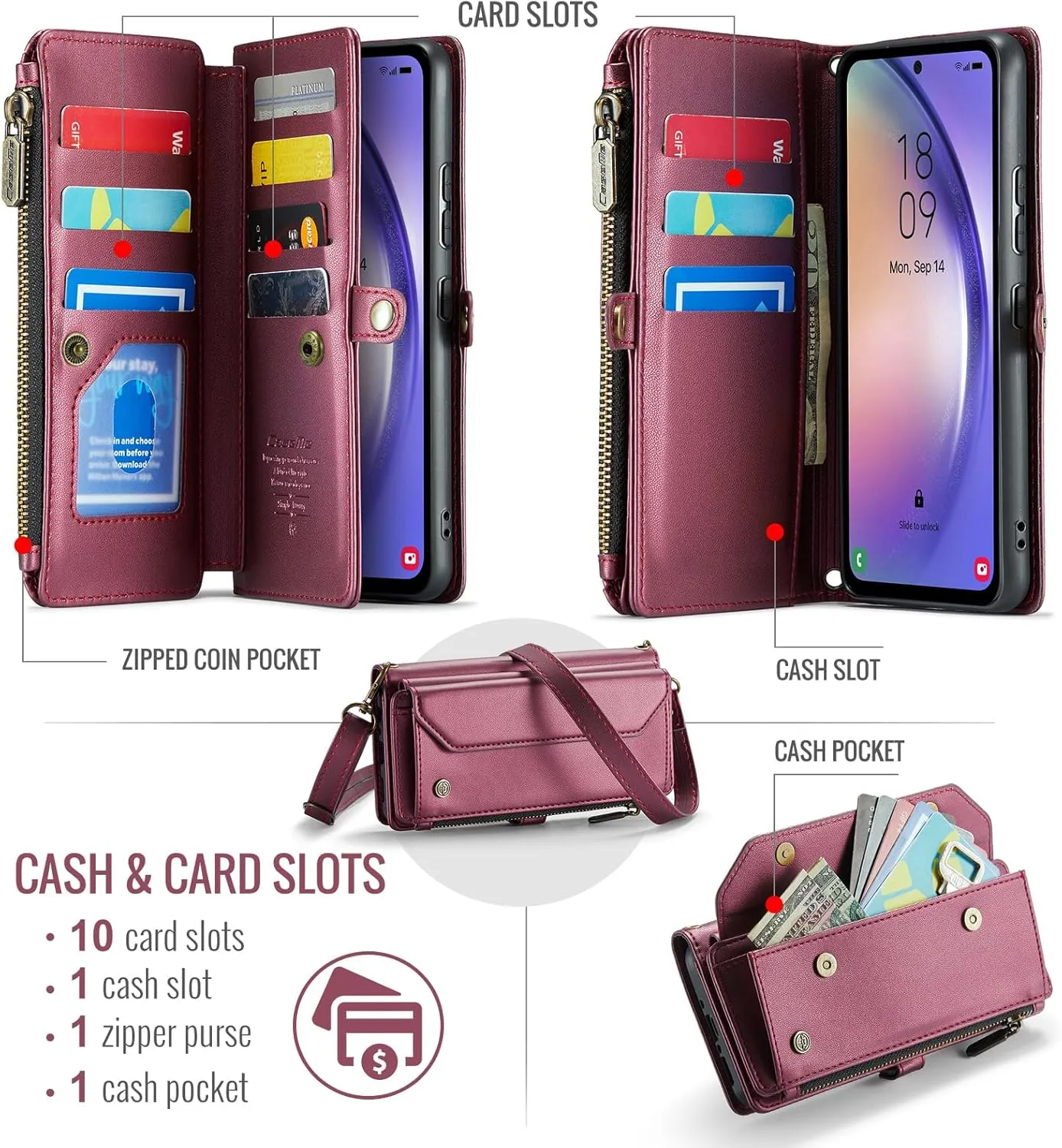 for Samsung Galaxy A54 Wallet Case with RFID Protection, Card Slots, Kickstand, Detachable Strap  Shockproof PU Leather Flip Crossbody Phone Cover Galaxy A54, Burgundy