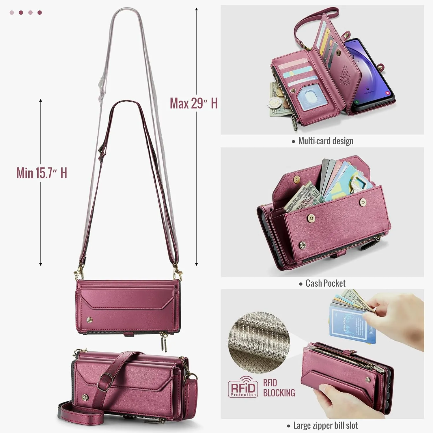 for Samsung Galaxy A54 Wallet Case with RFID Protection, Card Slots, Kickstand, Detachable Strap  Shockproof PU Leather Flip Crossbody Phone Cover Galaxy A54, Burgundy