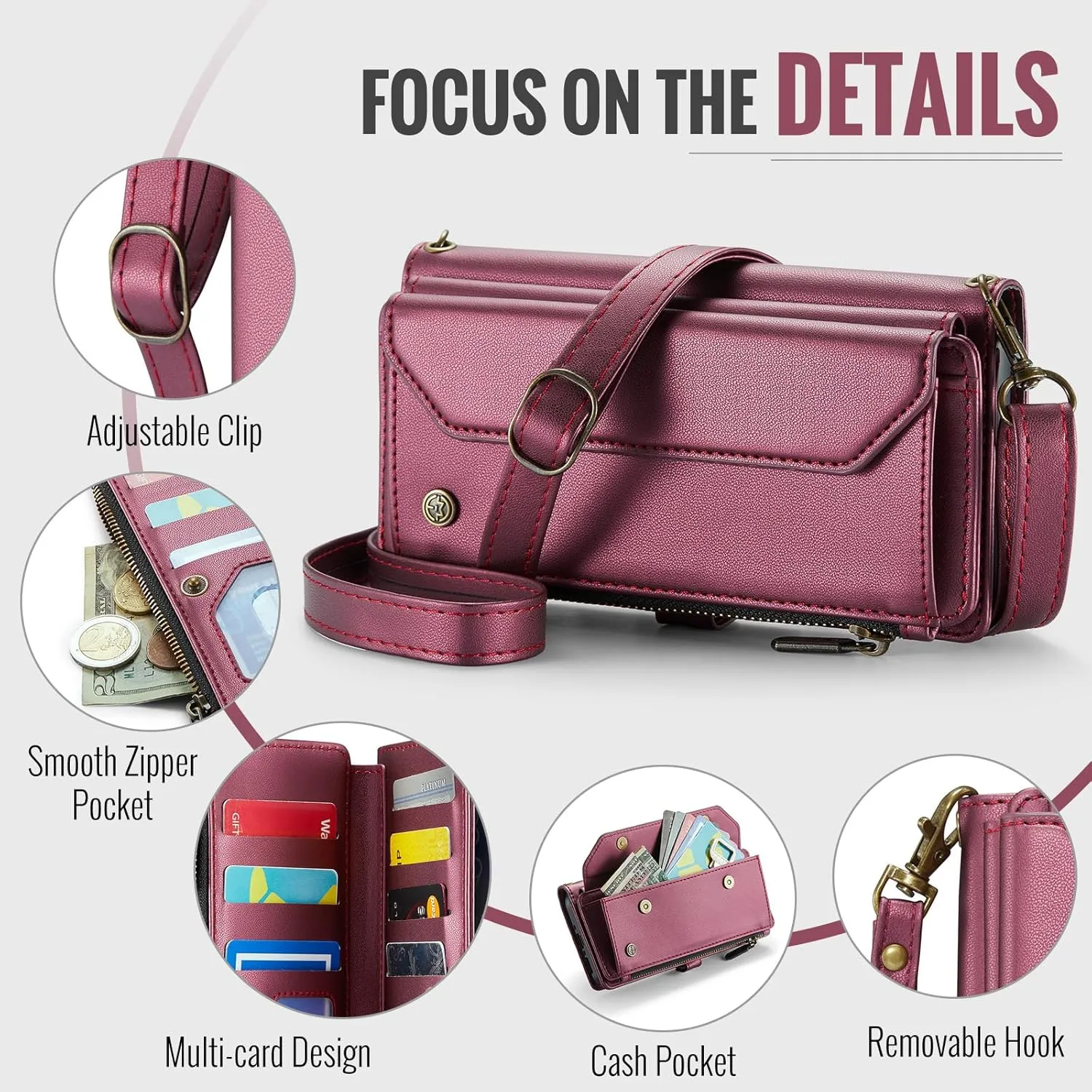 for Samsung Galaxy A54 Wallet Case with RFID Protection, Card Slots, Kickstand, Detachable Strap  Shockproof PU Leather Flip Crossbody Phone Cover Galaxy A54, Burgundy