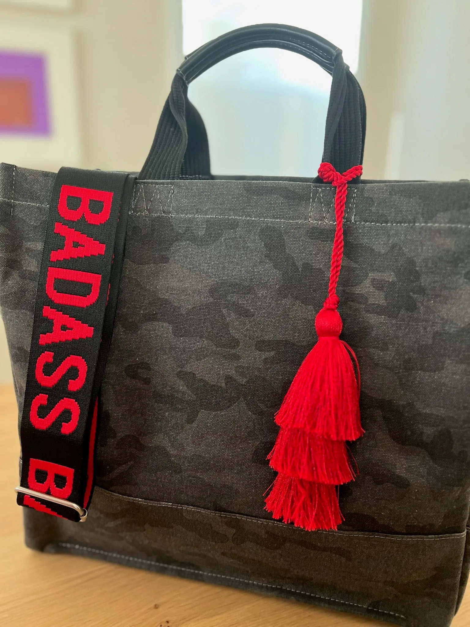 Holiday Bundle: Black Camo Luxe North South Bag   FREE Red Tassel   FREE Black/Red BADASS Strap
